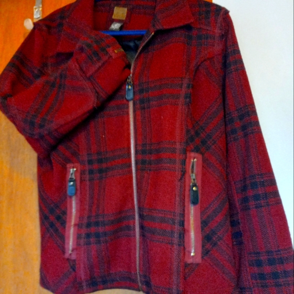 Wool plaid Jacket lightweight zip up with elbow patches. Like new condition